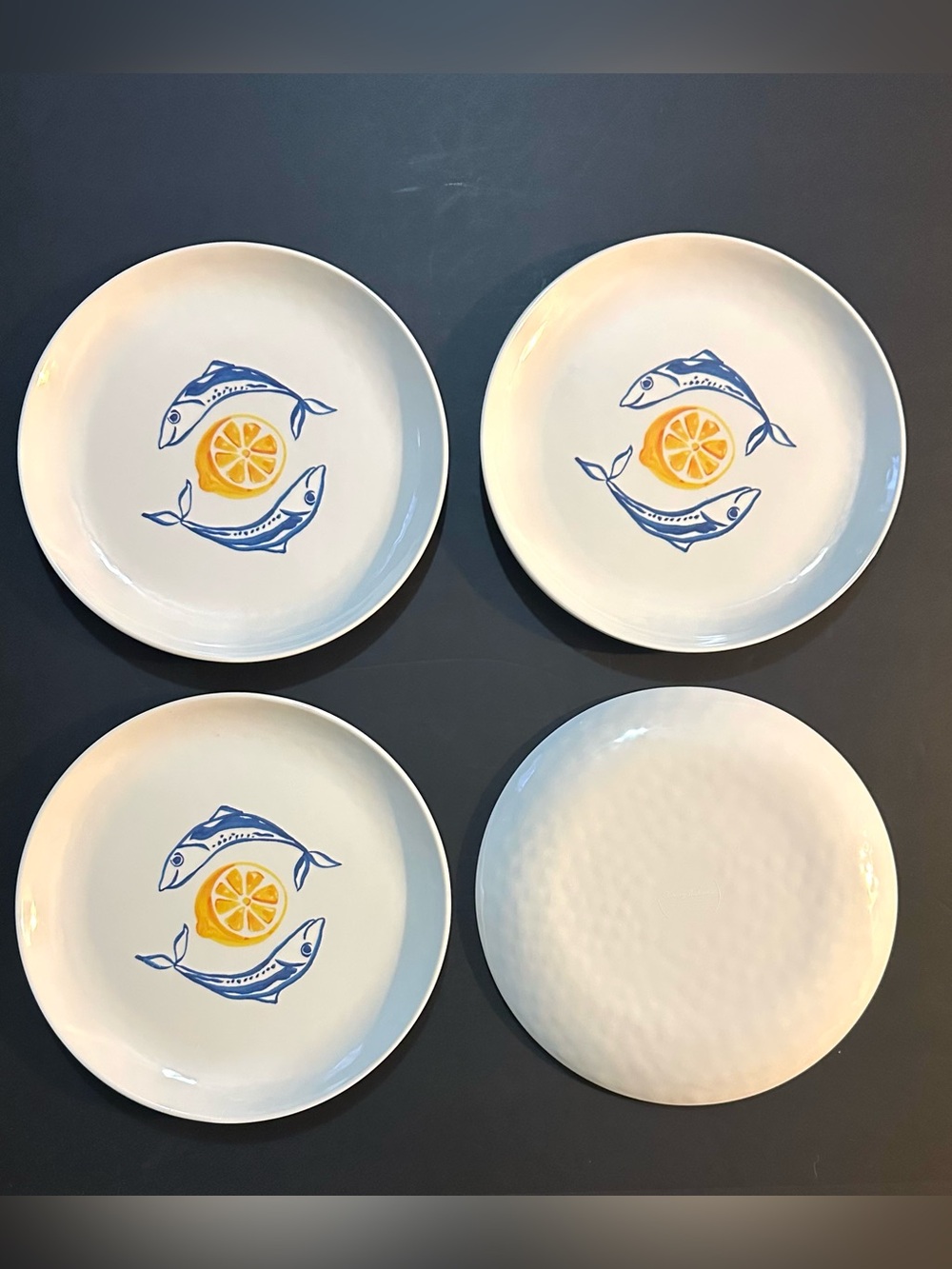 TOMMY BAHAMA Set of 4 White Melamine Fish & Lemon Salad Plates - 8.5"